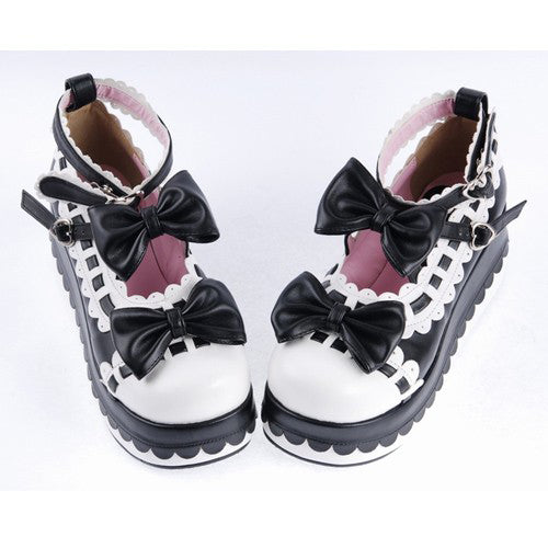 Black & White Romantic PU Round Toe Ankle Straps Bow Decoration Platform Lolita Shoes