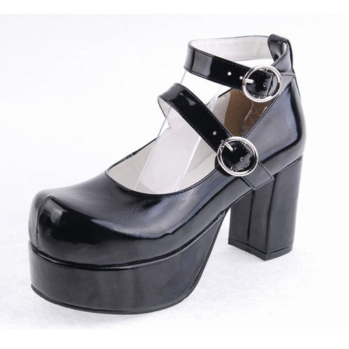 Black Synthetic Leather Round Toe Cross Straps Platform Lolita Shoes
