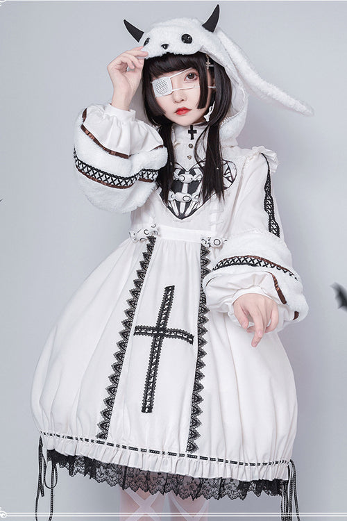 Beige Detachable Hat High Neck Woolen Cuffs Demon Rabbit Gothic Lolita OP Dress