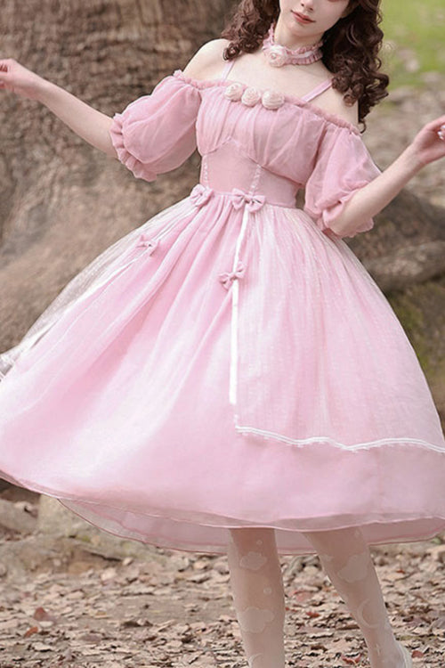 Boat Neck Bubble Short Sleeve Flower Embellished High Waisted Sweet Lolita Dress