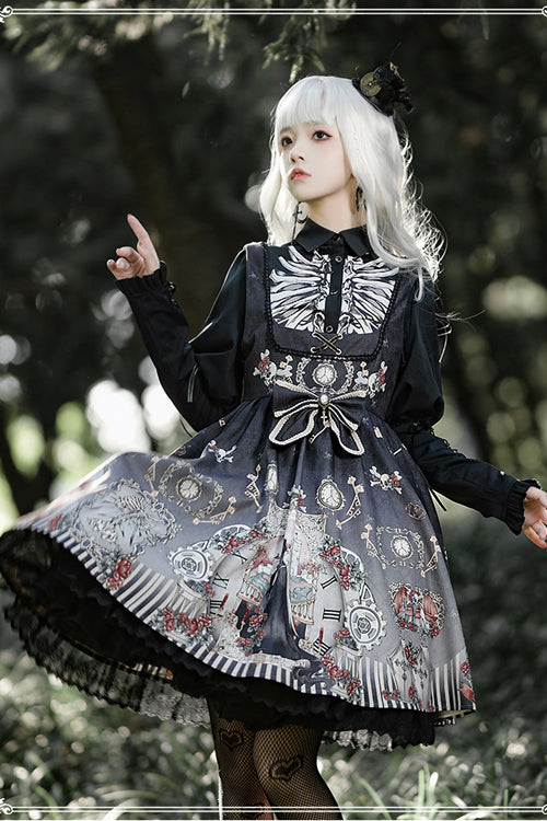 Lapel Collar Long Sleeve Black Fairy Tale Print Gothic Lolita JSK Dress