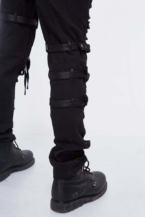Black Asymmetric Loops Ragged Punk Rock Broken Holes Bandage Mens Pants