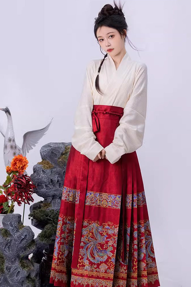 Red Chinese Style Print High Waisted Womens Hanfu Skirt