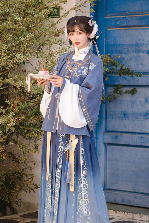 Original Improved Blue Chinese Style Ming Made Wide Sleeved Top High Waisted Skirt Embroidered Sweet Hanfu Three Piece Suit