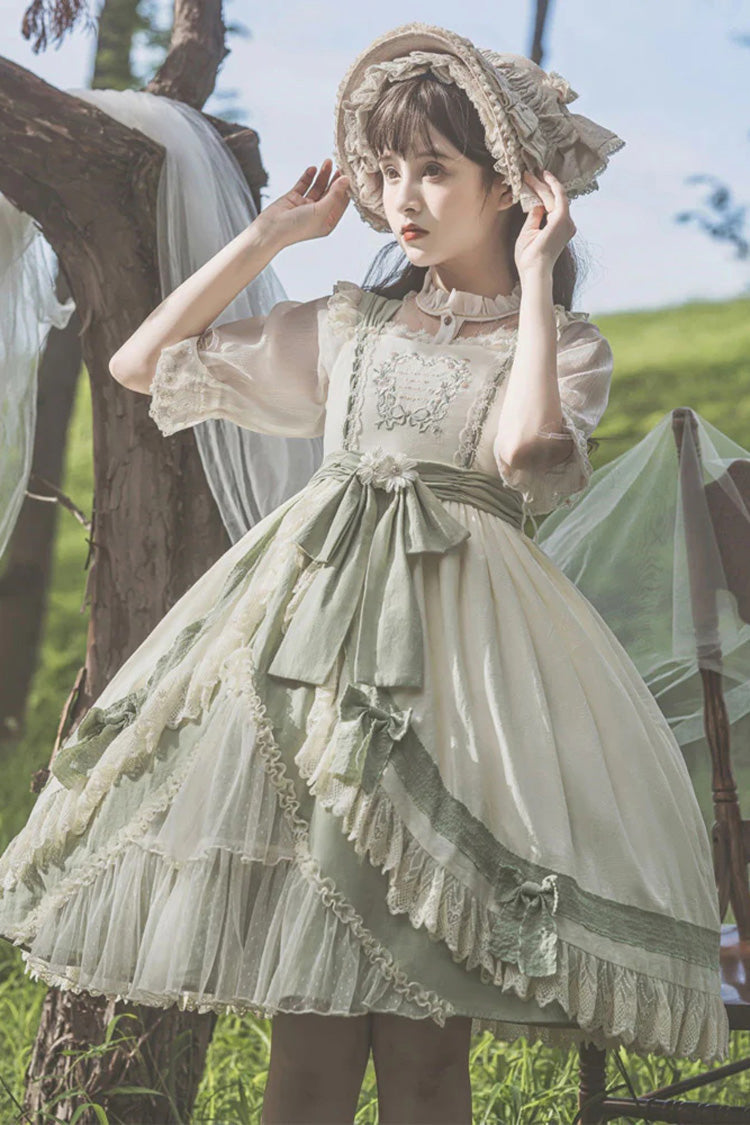 White/Green Country Style Daisy Poem Elegant Boat Neck High Waisted Sweet Lolita Jsk Dress
