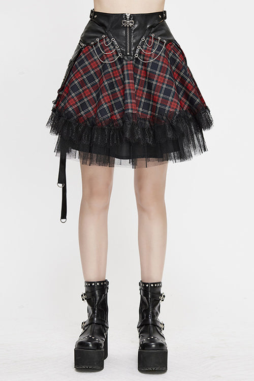 Black And Red Punk Lace Up Scottish Plaid Womens Skirts With Bag