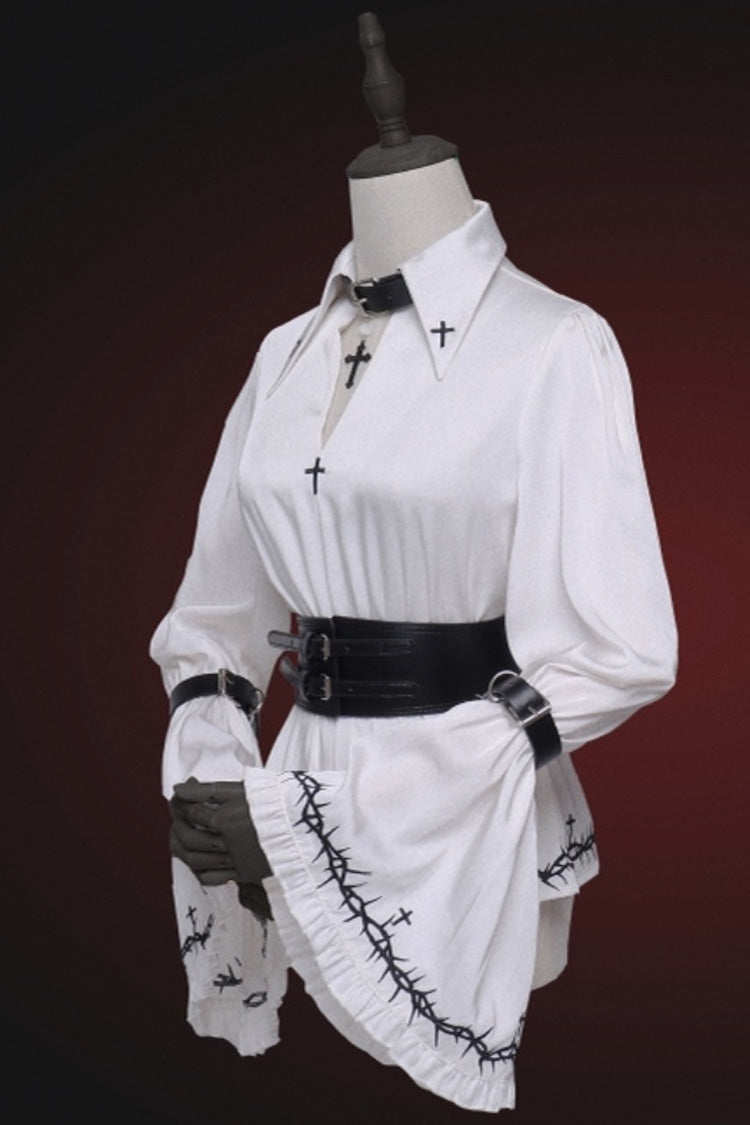 White Stockholm Lover Cross Print Hime Sleeves Gothic Lolita Blouse