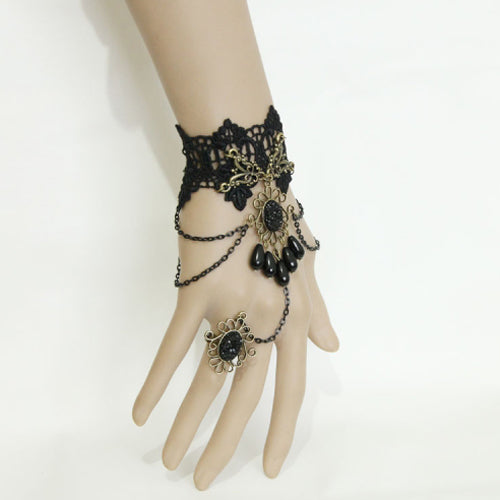 Black Vintage Lace Pearl Flower Fashion Festival Gothic Lolita Ring Bracelet