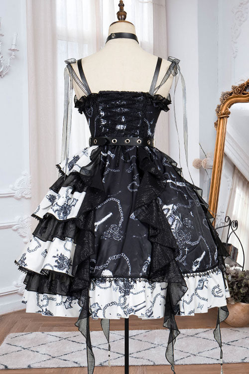 Black/White Vampire Diaries Cross Print Contrast Stitching Multi-Layer Ruffled Gothic Lolita Jsk Dress