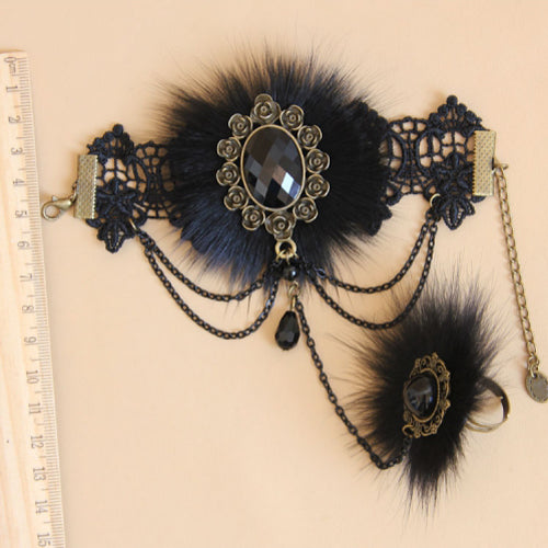 Black Retro Fashion Lace Fox Hair Female Gothic Lolita Ring Bracelet