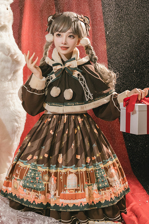 Brown Christmas Gift Print Long Sleeve Sweet Lolita OP Dress