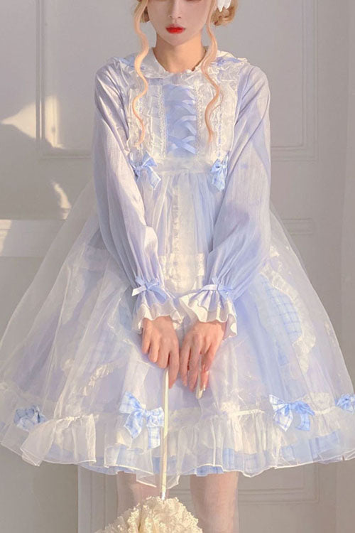 Lapel Collar Bowknot Long Sleeves Love Pockets Decoration Multi-Layer Ruffled Sweet Lolita OP Dress 2 Colors