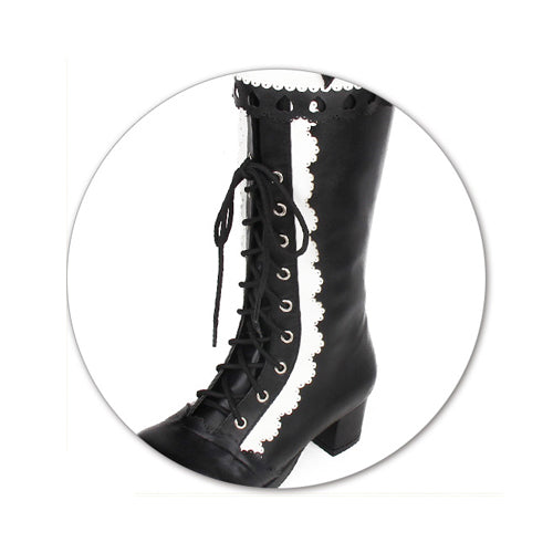 Black White Lace Bowknot Heart Shaped Round Toe Sweet Lolita High Boots