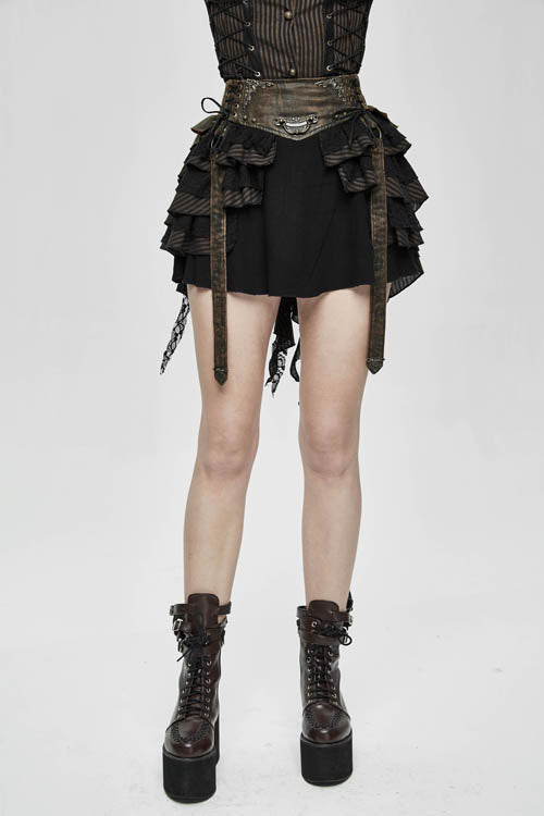 Black Punk Multi Layer Wavy Edges Striped Womens Half Skirt With Corset
