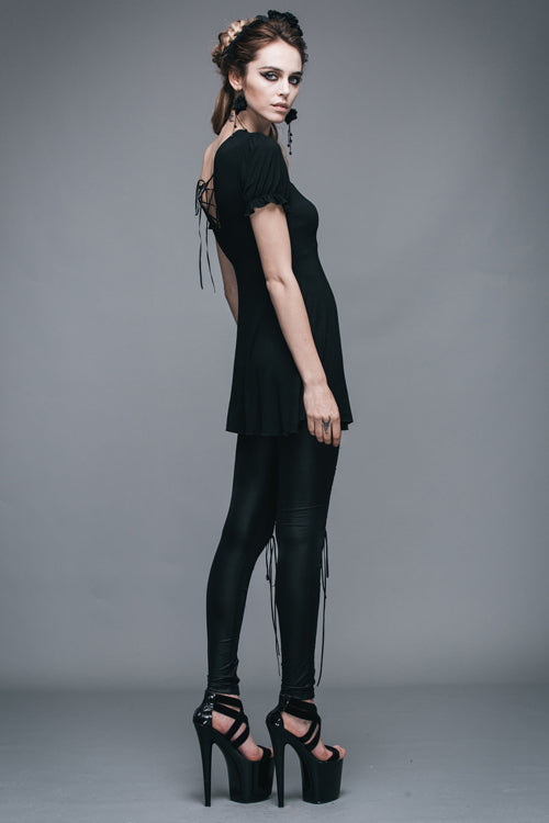 Schwarzes gemustertes, kurzärmliges Gothic-T-Shirt für Damen mit Spitzenkragen und mittellanger Länge