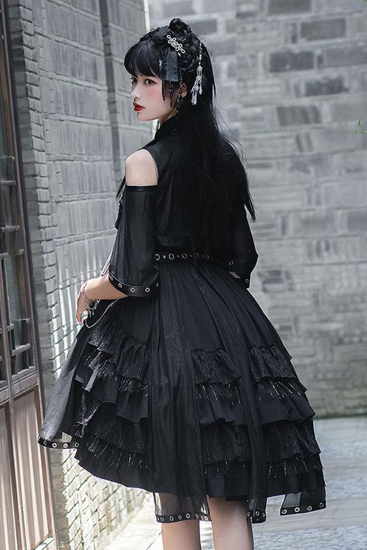 Dark Boat Neck Dragon Print Chinese Style High Waisted Multi-Layer Ruffled Gothic Lolita Jsk Dress