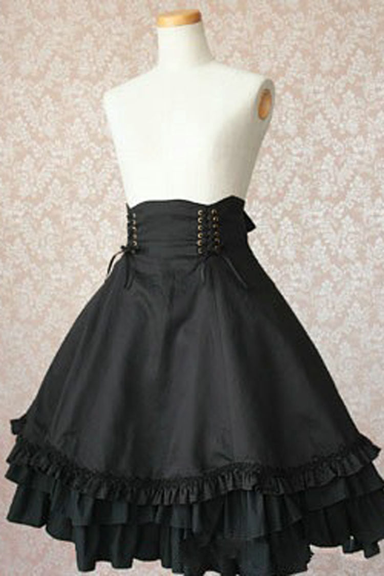 Black High Waisted Double Breasted Button Bowknot Ruffled Multi-Layer Gothic Lolita Skirt