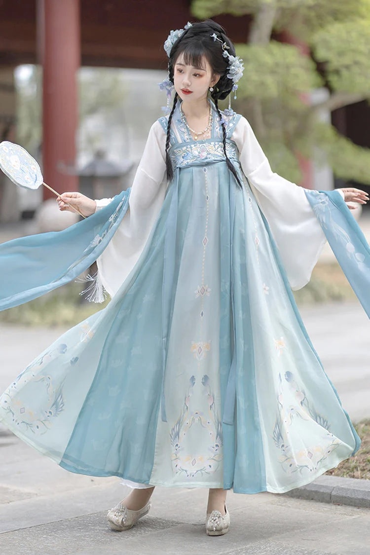 Blue Trumpet Sleeves High Waisted Print Embroidery Sweet Chinese Style Hanfu Dress Full Set