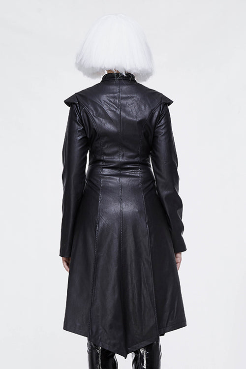 Black waisted short front and long back bare breast leather long womens Punk coat