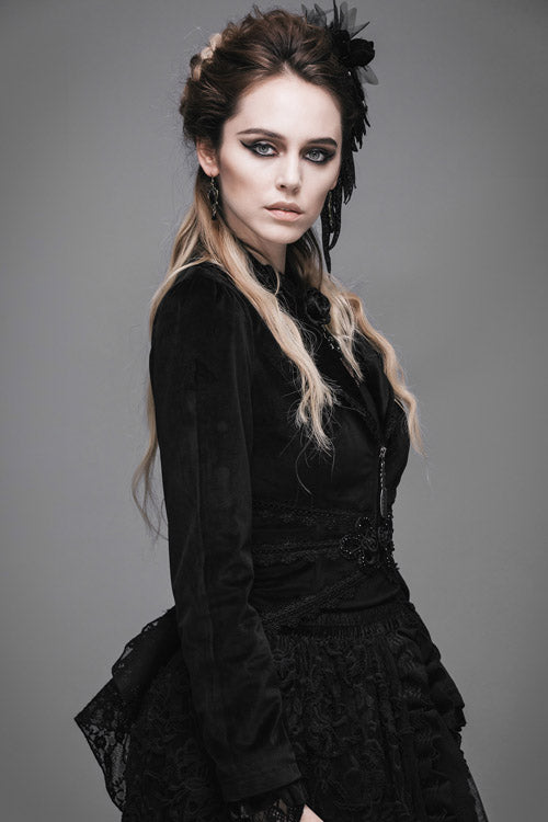 Black Lace Waist Woollen Womens Velvet Short Gothic Jacket With Tail