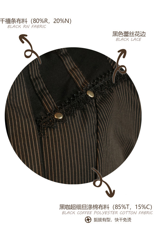 Black/Brown Single Breasted Long Sleeves Ruffled Striped Print Ouji Lolita Dress