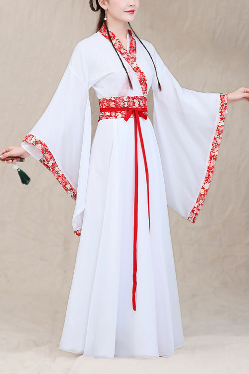 ホワイトネックライン刺繍ワイドスリーブスイート漢服ドレス