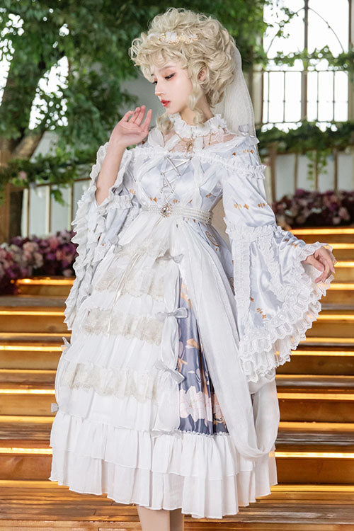 White/Purple Hanayome Cardigan High Waisted Trumpet Sleeves Multi-Layer Ruffled Sweet Lolita OP Dress