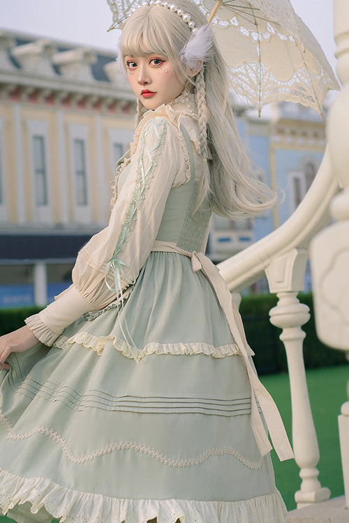 Light Green Japanese Country Style Bowknot Cardigan Ruffled Sweet Lolita JSK Dress