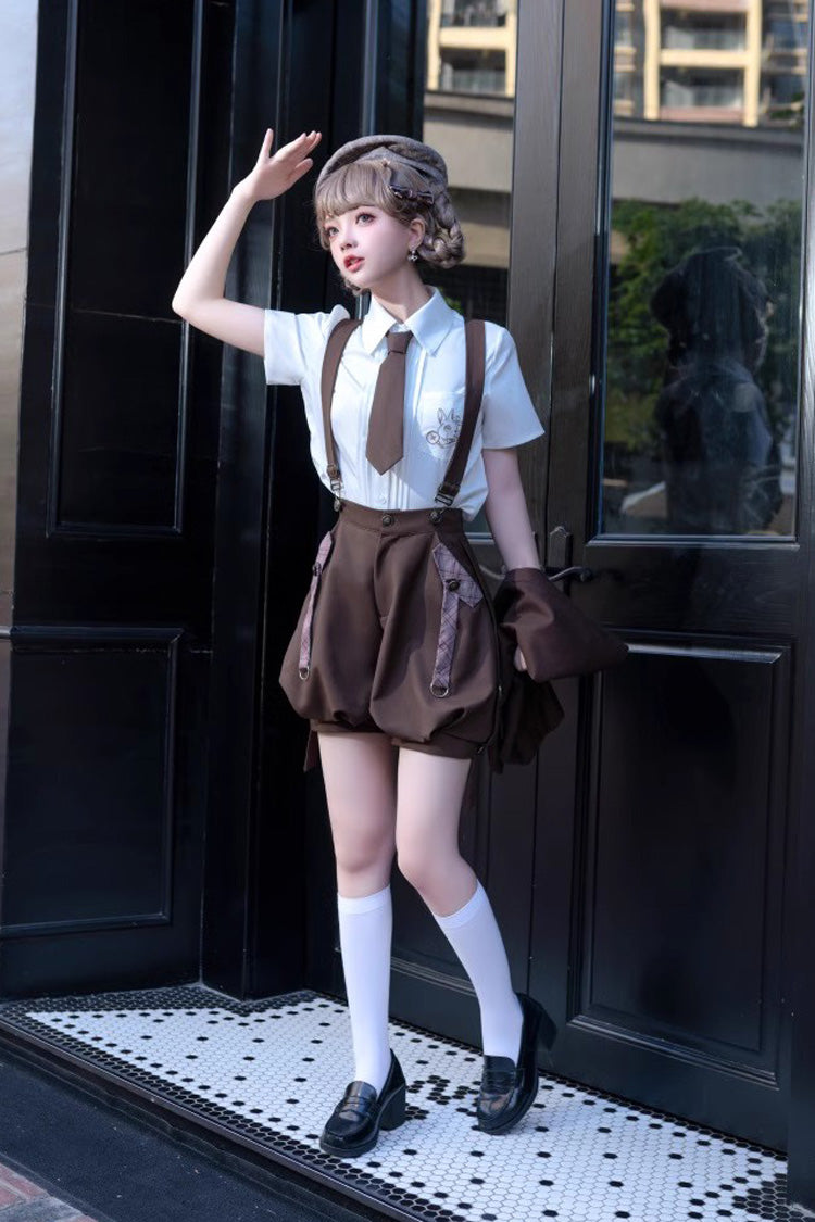 Brown Bunny Detective Short Sleeves Prince Ouji Lolita Shorts and Blouse Set
