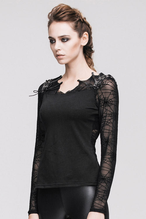 Black Sexy Transparent Spiderweb Back Mesh Long Sleeves Punk Women T-Shirt