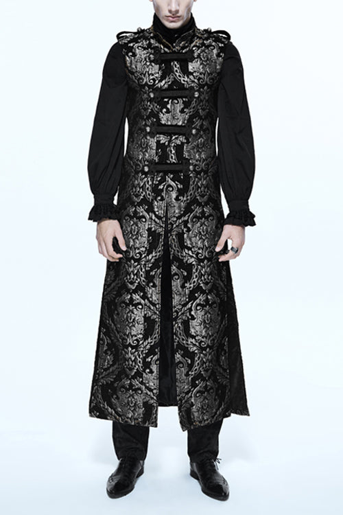 Black And Silver Court Floral Gothic Mens Long Coat