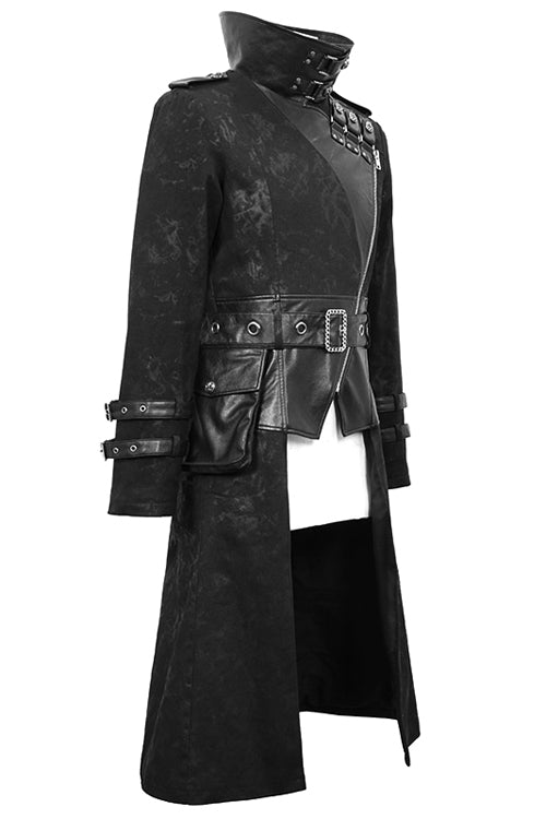 Black Open Collar Printed Belted Long Mens Punk Coat