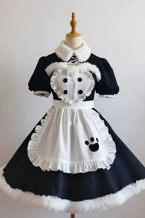 Black/White Cat Paw Print Short Sleeves Maid Sweet Lolita Dress Set
