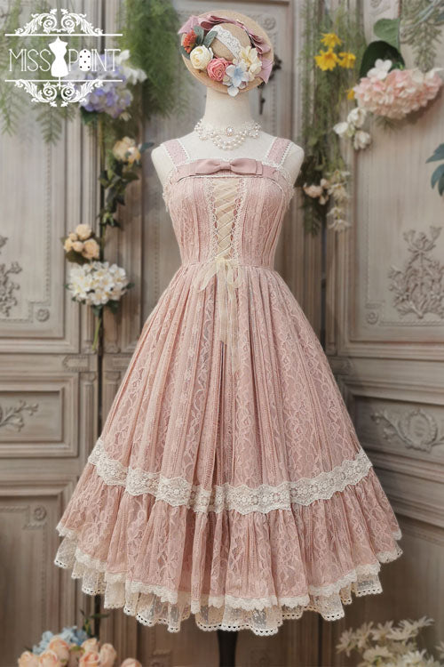 ピンクソリッドカラーエレガントヴィンテージローズ多層刺繍フリルスウィートロリータJSKドレス