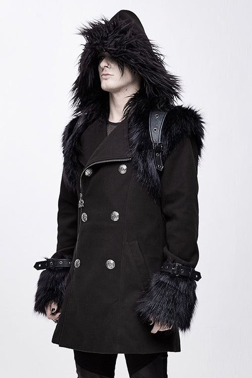 Black Cape Collar Punk Long Mens Coat With Fur