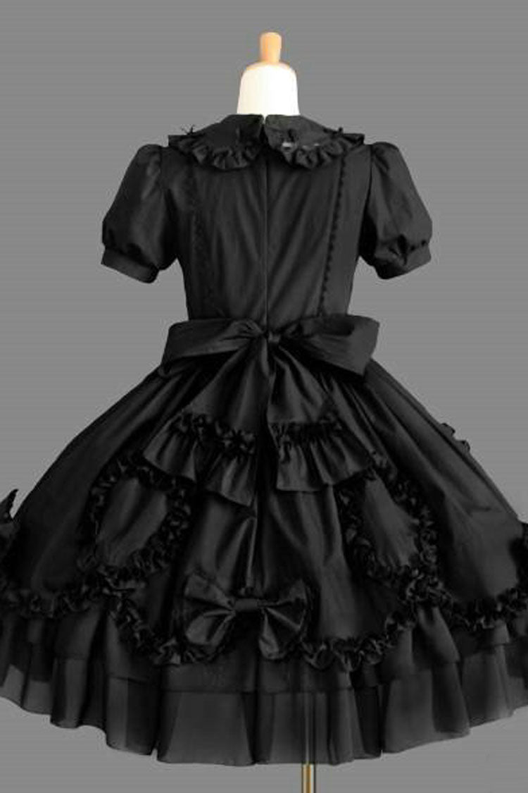 Black Cotton Lapel Collar Short Sleeves Bowknot Ruffled Multi-Layer Gothic Lolita Dress