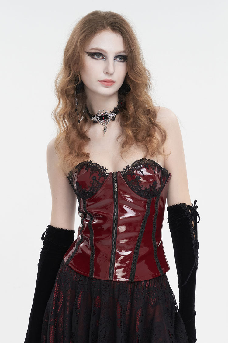 Red Lace Splice Patent Leather Women's Punk Overbust Corset