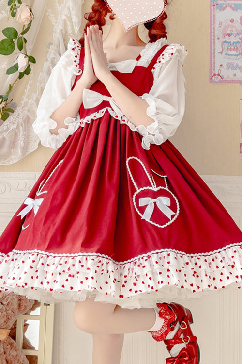 Red High Waisted Ruffled Hem Bowknot Sweet Lolita JSK Dress