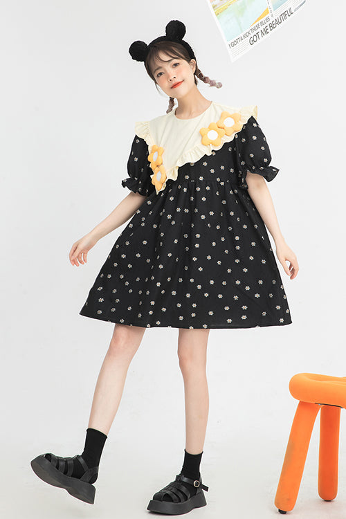 Black Ruffled Splicing Round Collar Bubble Short Sleeves Floral Print High Waisted Sweet Lolita Dress