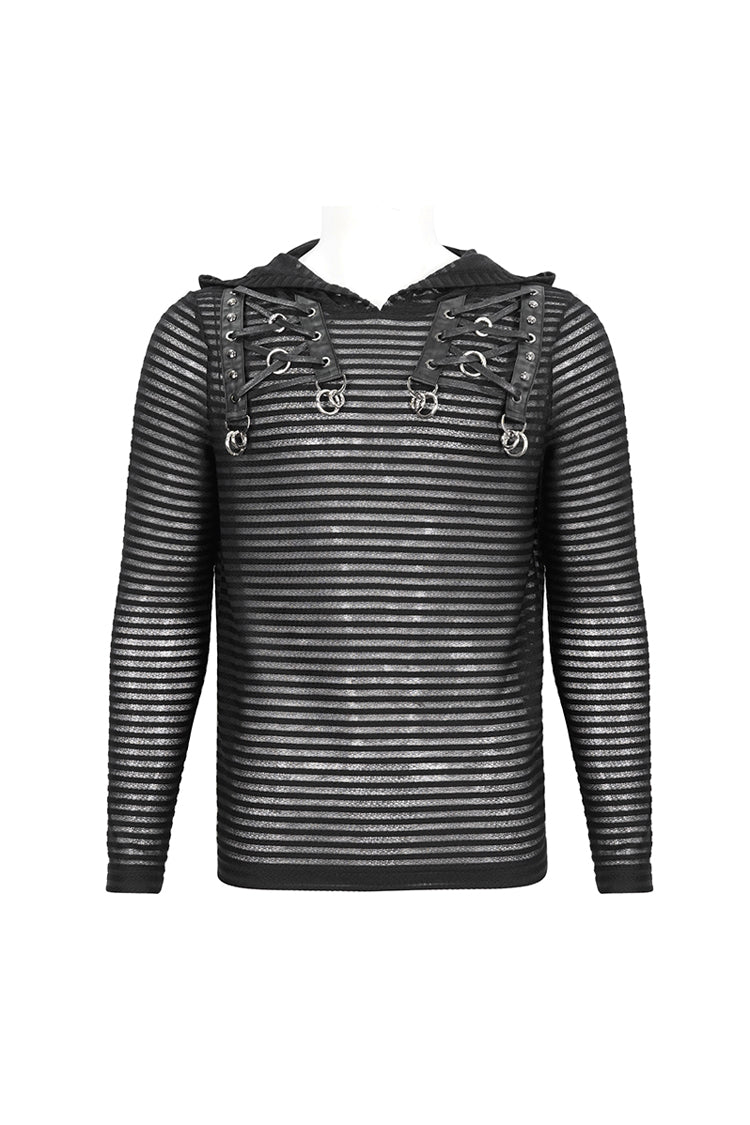 Black Striped Sheer Long Sleeve Men's Punk Sweatshirt Hooded