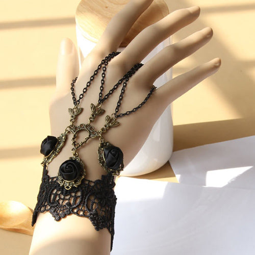 Black Retro Fashion Rose Flower Lace Tassel Female Gothic Lolita Ring Bracelet