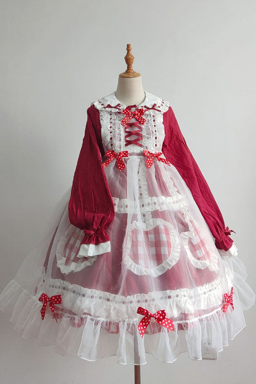 Lapel Collar Bowknot Long Sleeves Love Pockets Decoration Multi-Layer Ruffled Sweet Lolita OP Dress 2 Colors