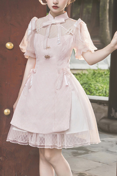 Chinese Style Stand Collar Lace Puff Short Sleeve Delicate Sweet Lolita Dress