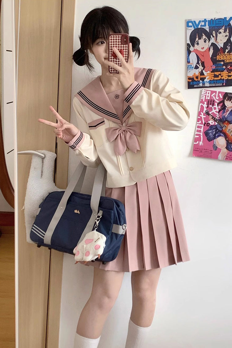 Pink/Ivory Sailor Collar Long Sleeves Sweet Japanese School Skirt Set