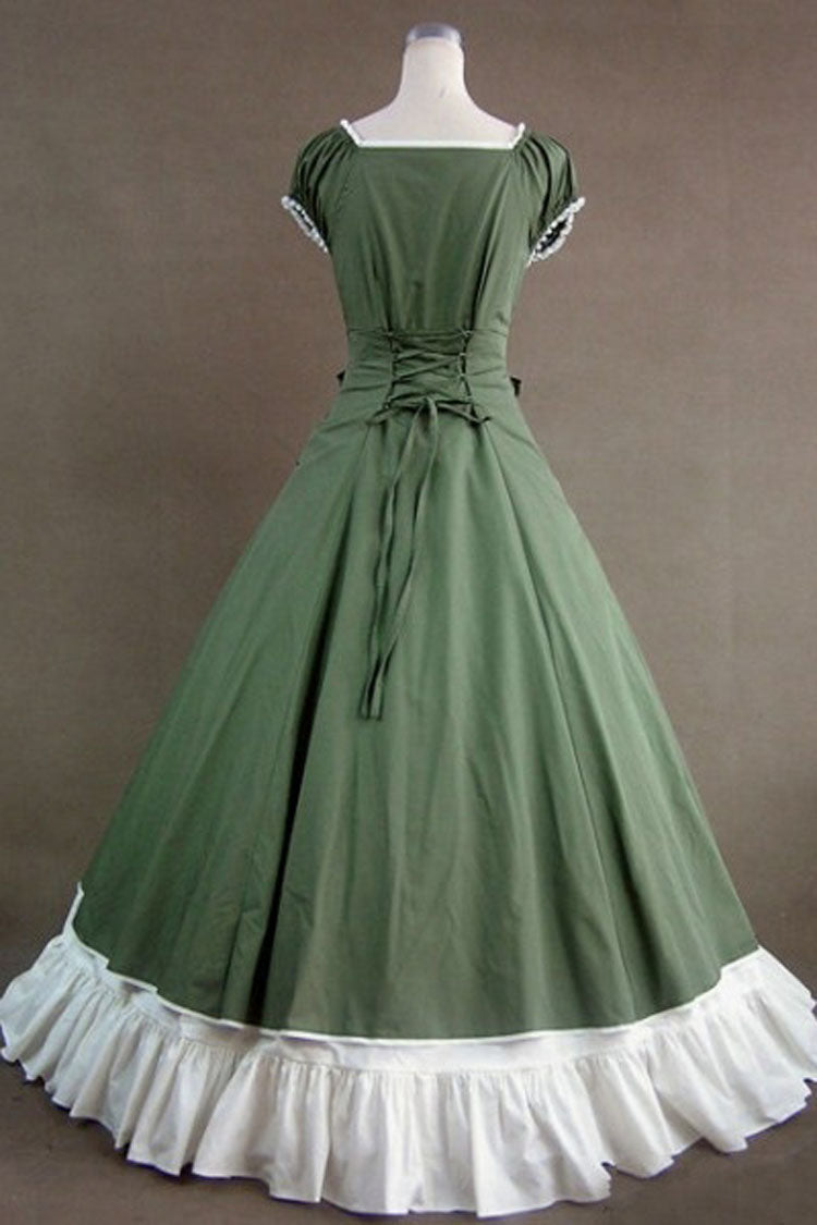 Green Cotton Square Collar Cap Sleeves Floor Length Pleats Bowknot Cardigan Victorian Gothic Lolita Dress