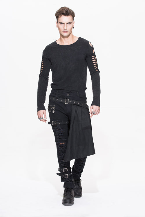 Black Adjusted Loops Punk Rock Holes Ripped Mens Pants Collocation Skirt