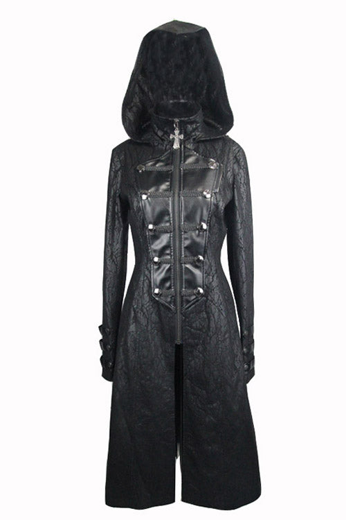 Black Punk Hooded One Side Shawl Gothic Pattern Womens Leather Long Coat