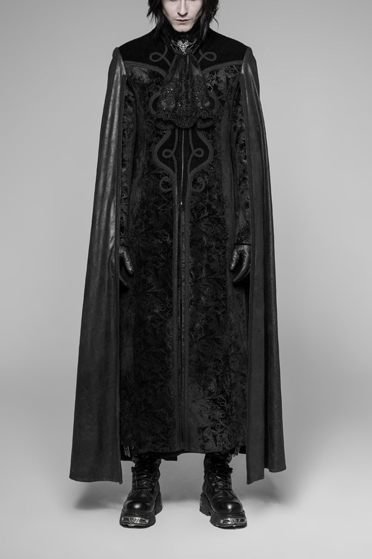 Black Long Sleeve Stand Up Collar Front Metal Decoration Paisley Pattern Embossed Velvet Men's Gothic Coat With Cloak