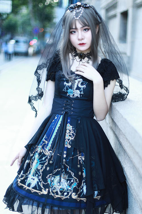 Black God's Salvation Square Collar Short Sleeves Lace Ruffled Gothic Lolita OP Dress