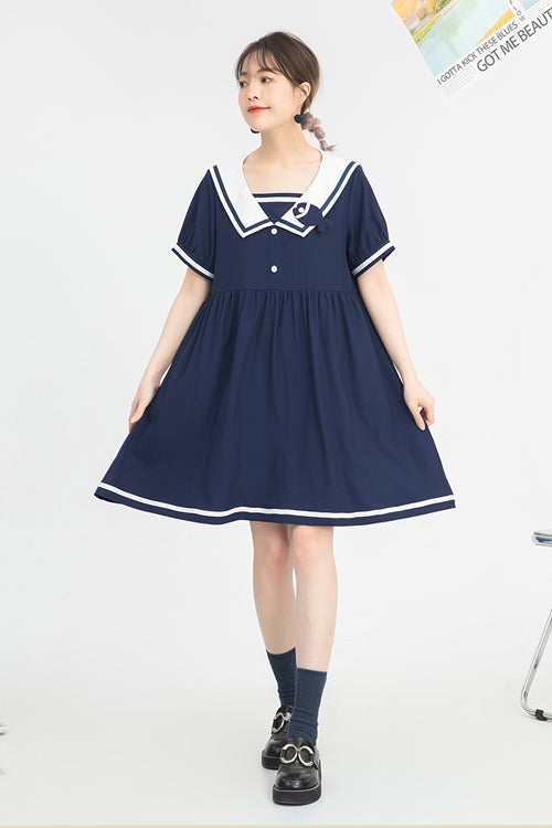 Blue Vintage Navy Collar College Style Short Sleeves High Waisted Sweet Lolita Dress